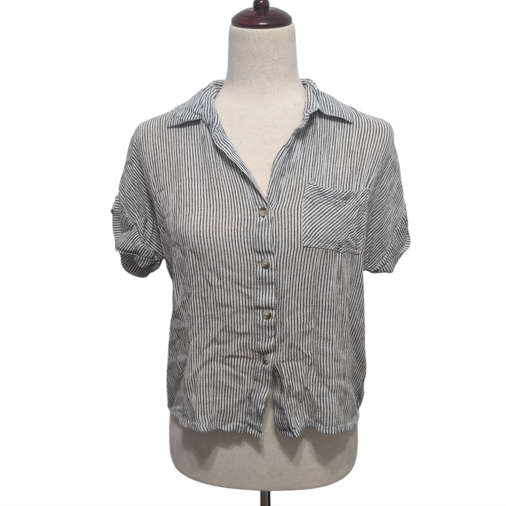 Sim & Sam Striped Semi Cropped Button Down Casual Top Size Small